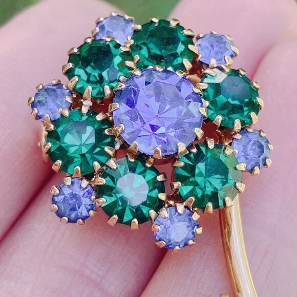VTG Mid Century Brooch Floral Green Blue Rhinestone Gold Tone EUC - Picture 7 of 12